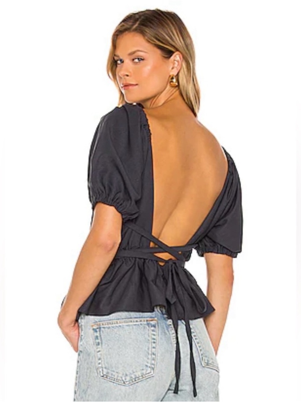 Line & Dot Dark Blue Open-Back Puff Sleeve Peplum Top